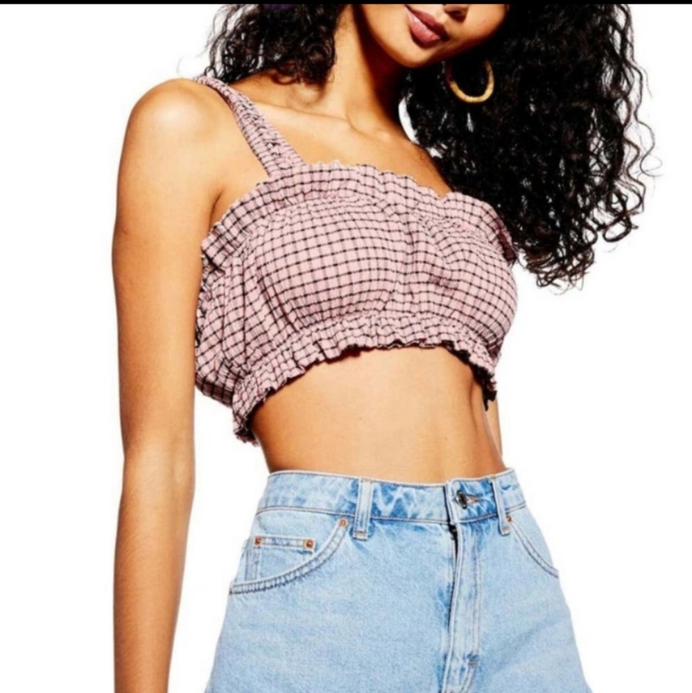 Topshop Gingham Searsucker Pink Black Bralet Cropped Belly Tank NWT Sz 10